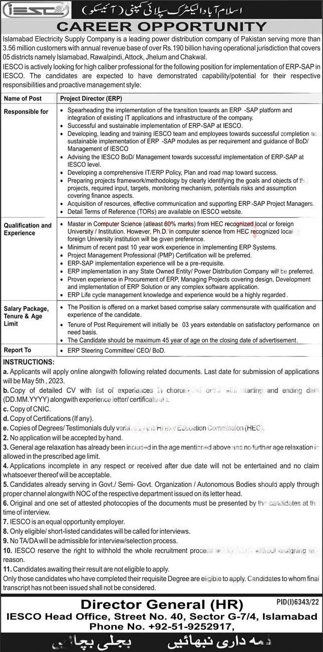 Islamabad Electric Supply Company IESCO WAPDA Jobs 2023 Advertisement